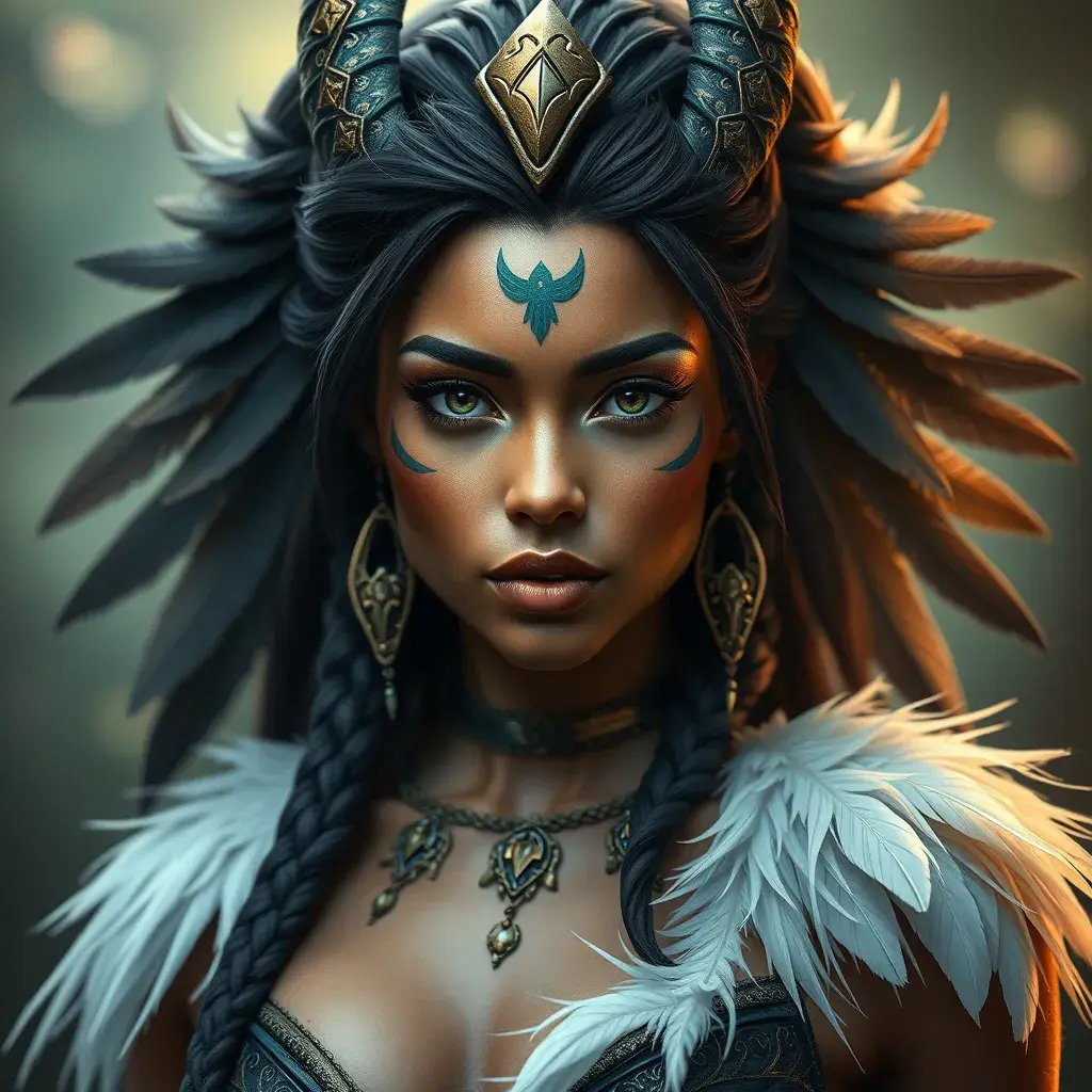 Alluring matte portrait of a beautiful Nidalee wearing feathers, 8k, Highly Detailed, Intricate, Half Body, Realistic, Sharp Focus, Volumetric Lighting, Fantasy, Elegant