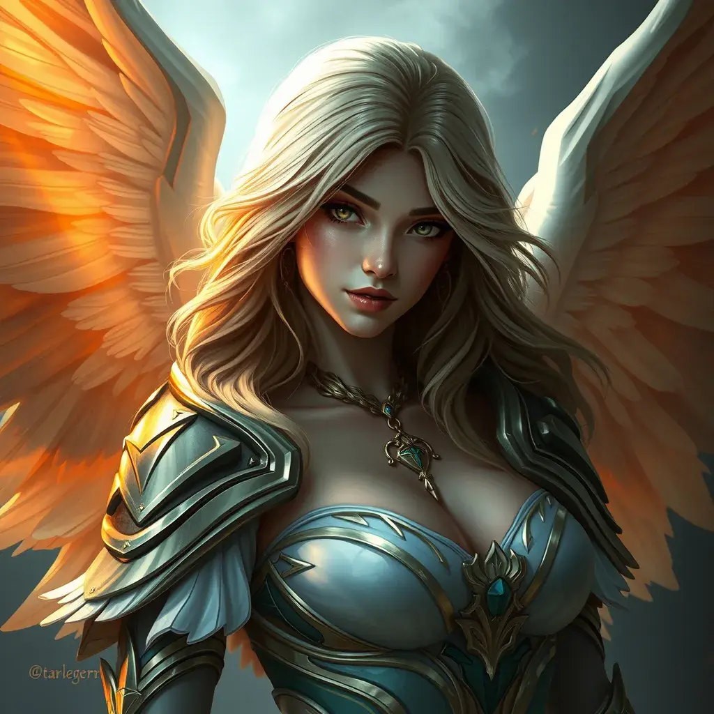 Alluring portrait of a beautiful winged Kayle from League of Legends, Highly Detailed, Half Body, Sharp Focus, Fantasy by Stanley Artgerm Lau, Alphonse Mucha, WLOP