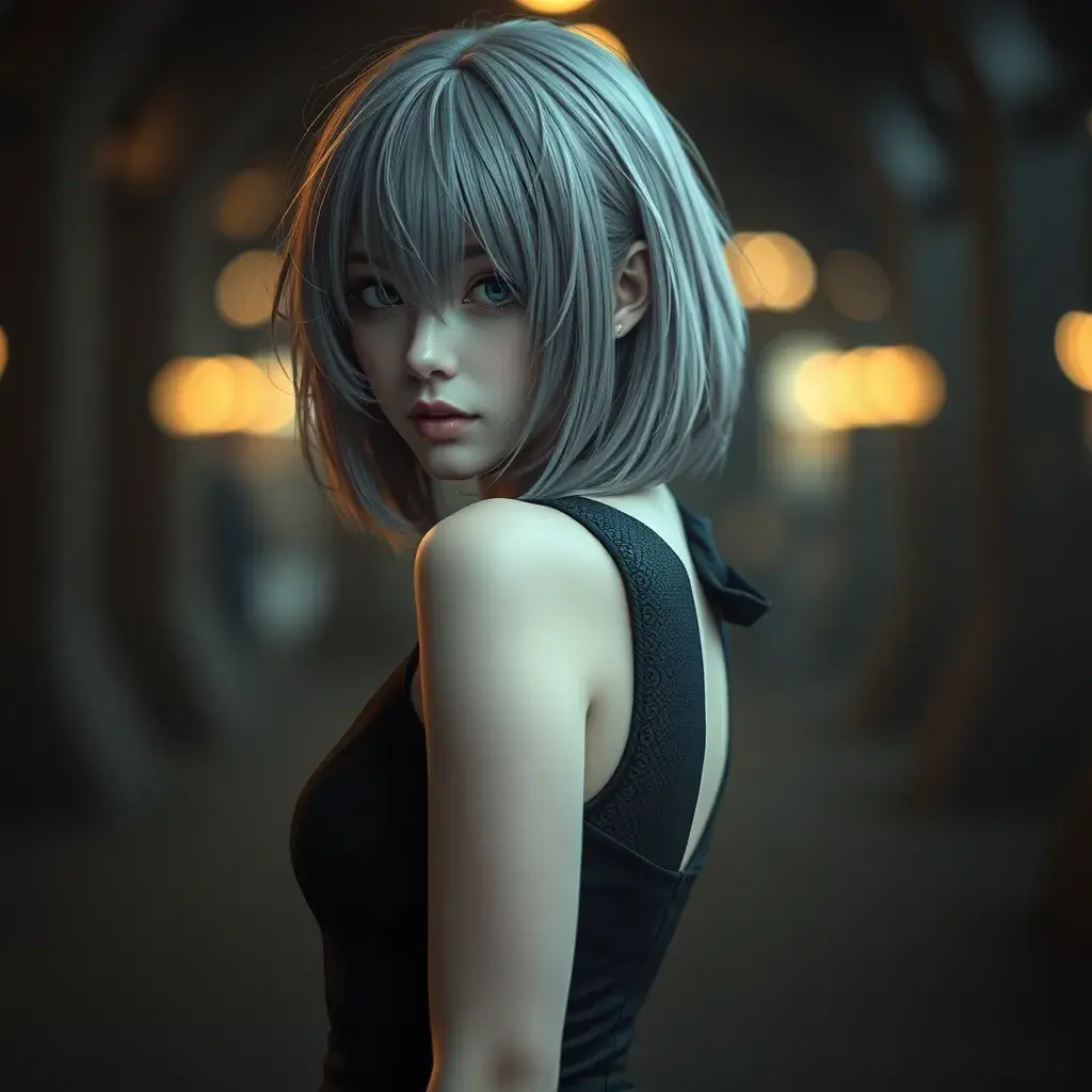 Alluring matte portrait of a beautiful ashen haired 2B from Nier Automata in the style of Stefan Kostic in a black dress, Highly Detailed, Full Body, Bokeh effect, Photo Realistic, Sharp Focus