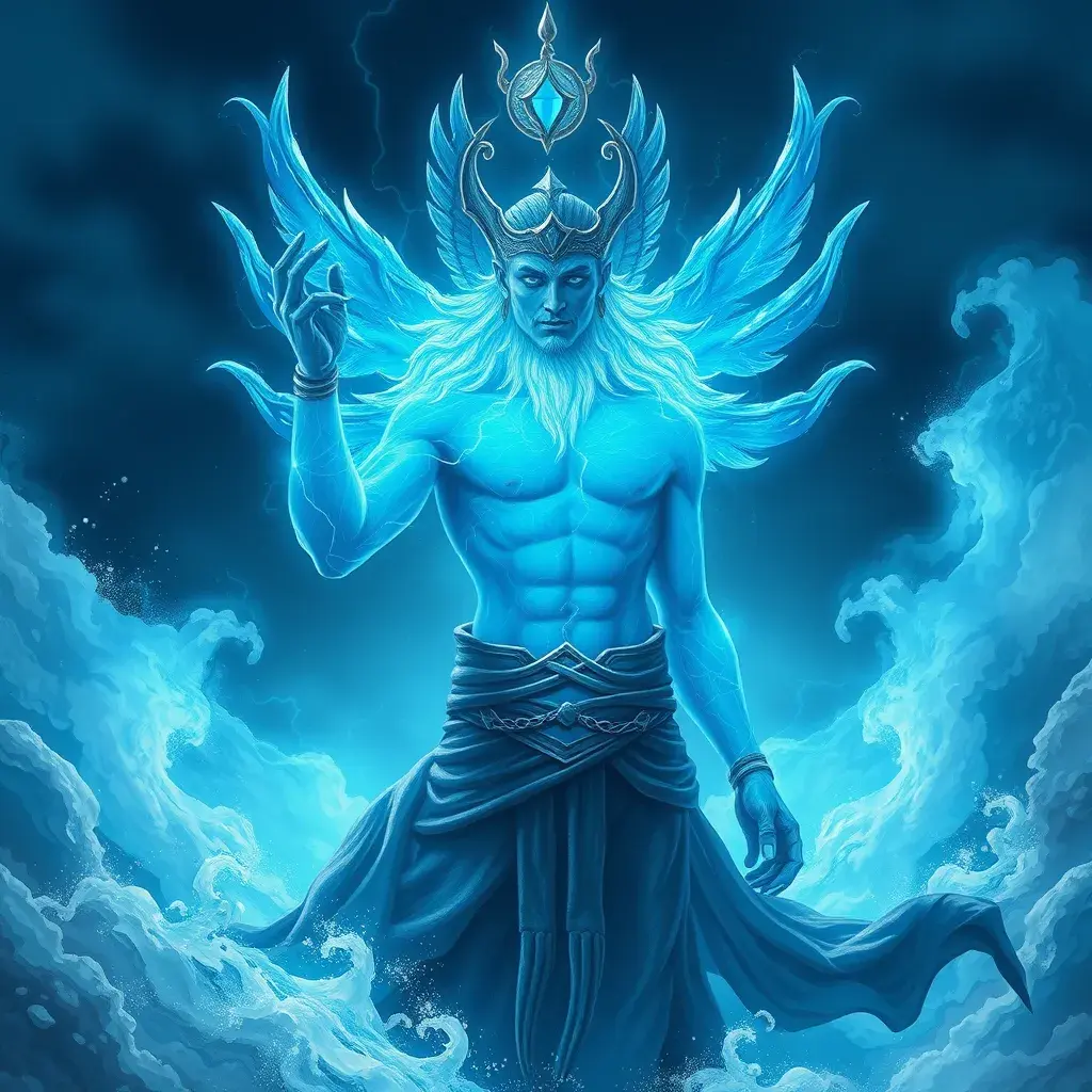 A celestial Blue-skinned God of the Seas, Storms, and Exploring emanating power of the seas, wearing half-leather, shrouded in storms in the style of digital art, 8k, Fantasy