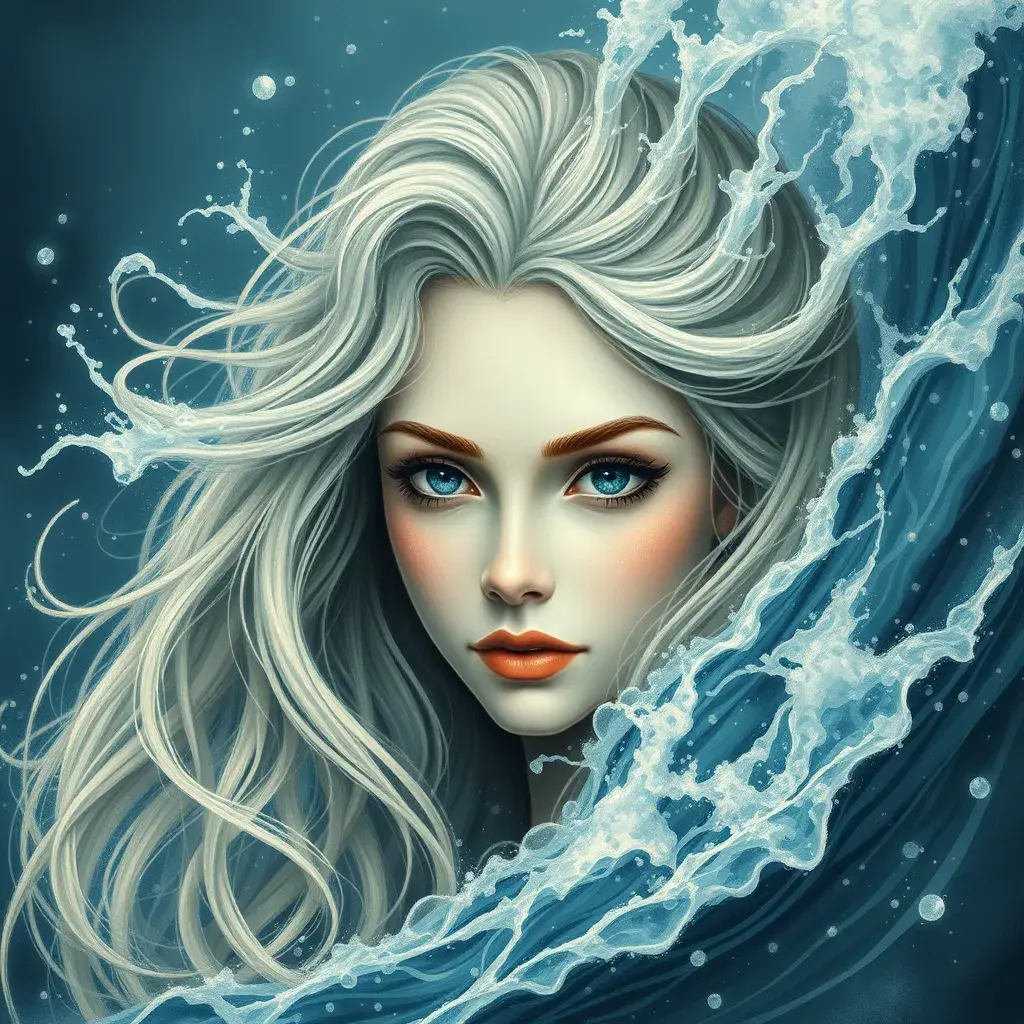 "magical ocean goddess", water, spray, waves, flowing hair, head and shoulders portrait, finely drawn eyes, 8k, Fantasy