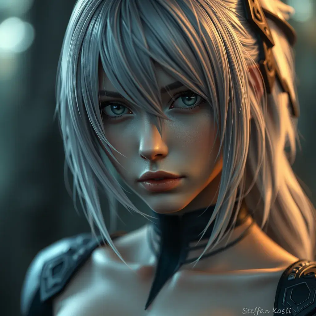 Alluring portrait of a beautiful ashen haired A2 from Nier Automata in the style of Stefan Kostic, Highly Detailed, Full Body, Bokeh effect, Photo Realistic, Sharp Focus