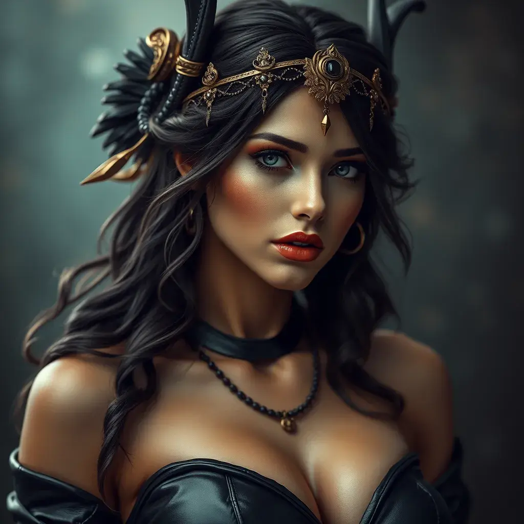 Alluring matte portrait of the beautiful goddess Artemis in black leather, 8k, Highly Detailed, Intricate, Realistic, Sharp Focus, Volumetric Lighting, Fantasy, Elegant by Stanley Artgerm Lau, Alphonse Mucha, WLOP