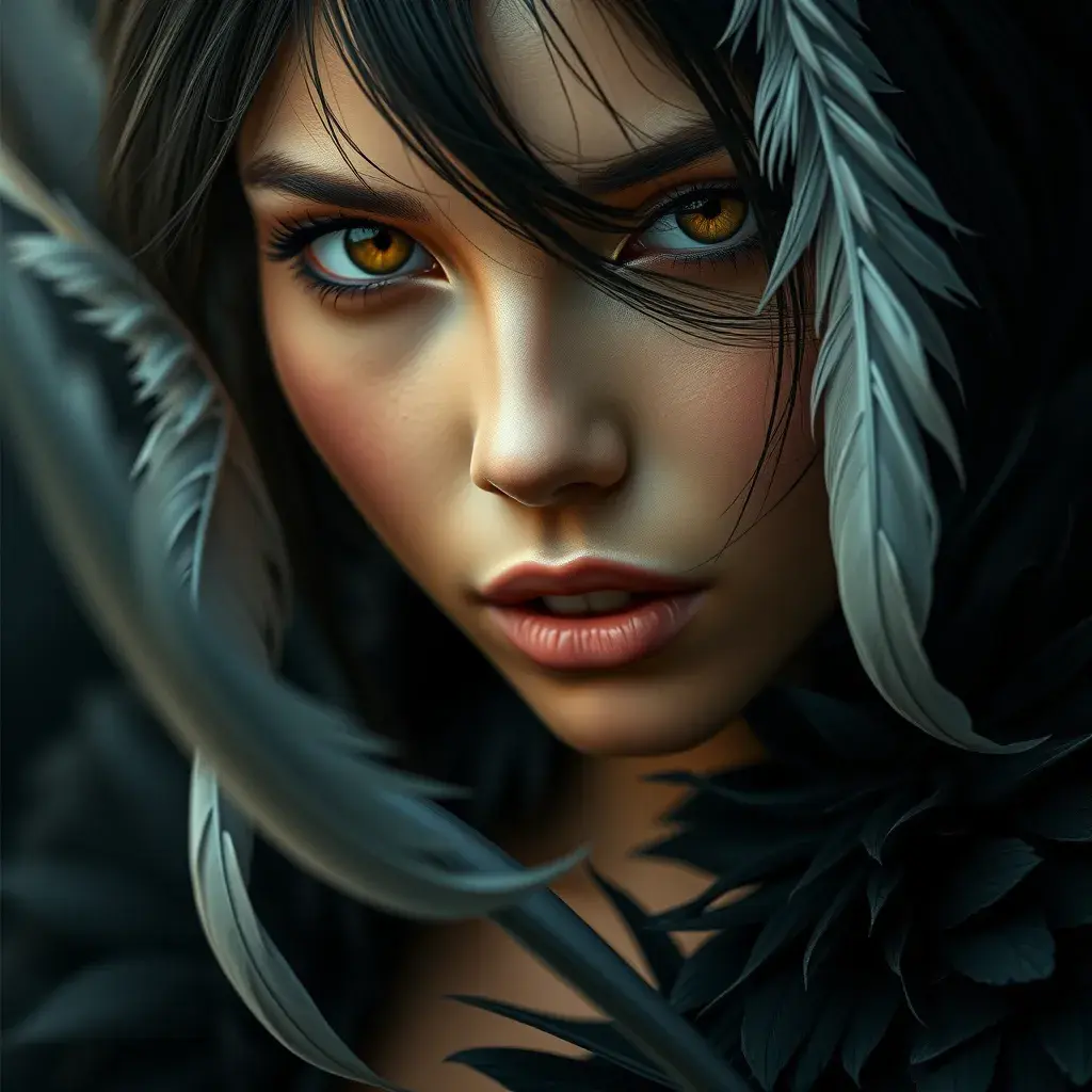 Matte portrait of the beautiful Cassandra Cain with feathers, Highly Detailed, Intricate, Realistic, Sharp Focus, Volumetric Lighting, Fantasy, Elegant