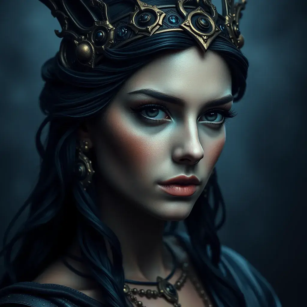 Matte portrait of the beautiful Artemis in dark blue, Highly Detailed, Intricate, Realistic, Sharp Focus, Volumetric Lighting, Fantasy, Elegant