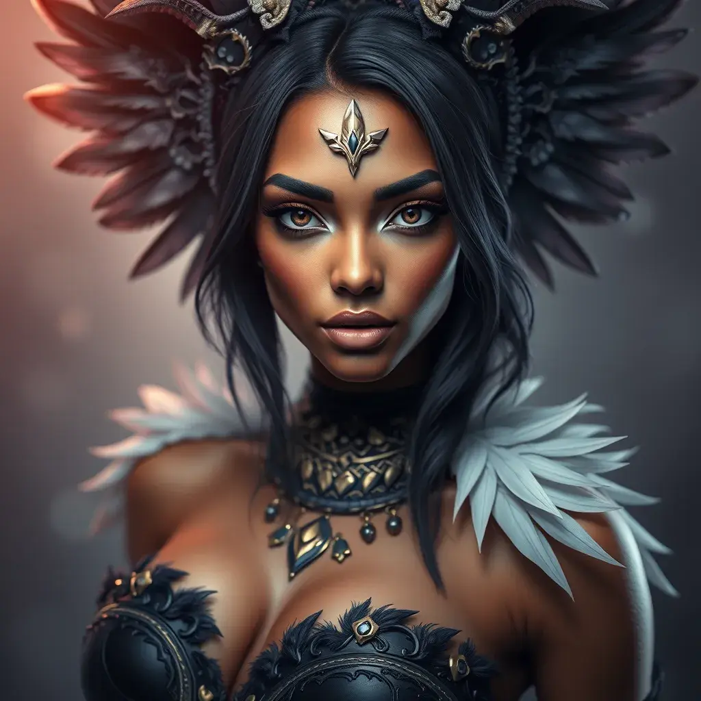 Alluring matte portrait of a beautiful Nidalee wearing feathers, 8k, Highly Detailed, Intricate, Half Body, Realistic, Sharp Focus, Volumetric Lighting, Fantasy, Elegant