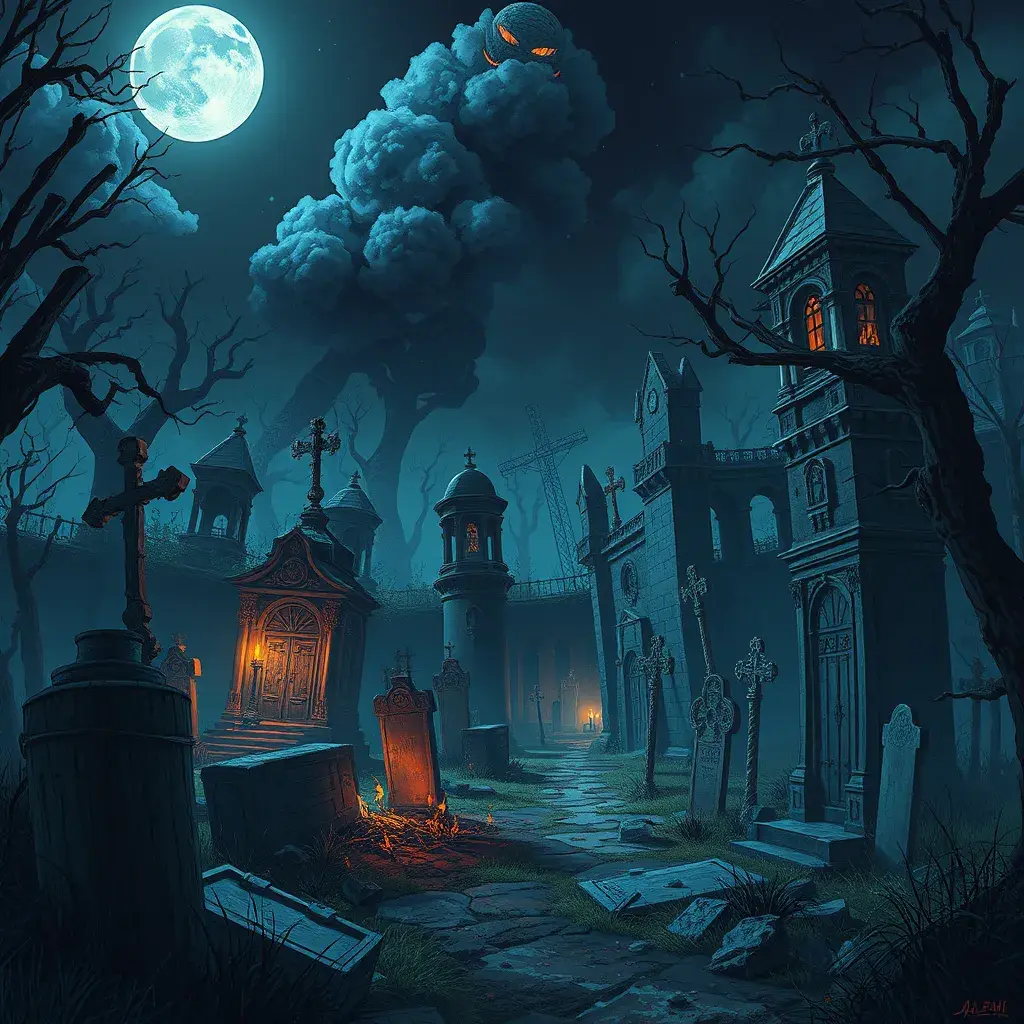 Hyper Detailed illustration of an eerie dystopian graveyard at night, 8k, Gothic and Fantasy, Horror, Epic, Sharp Focus, Deviantart by Alena Aenami, Studio Ghibli