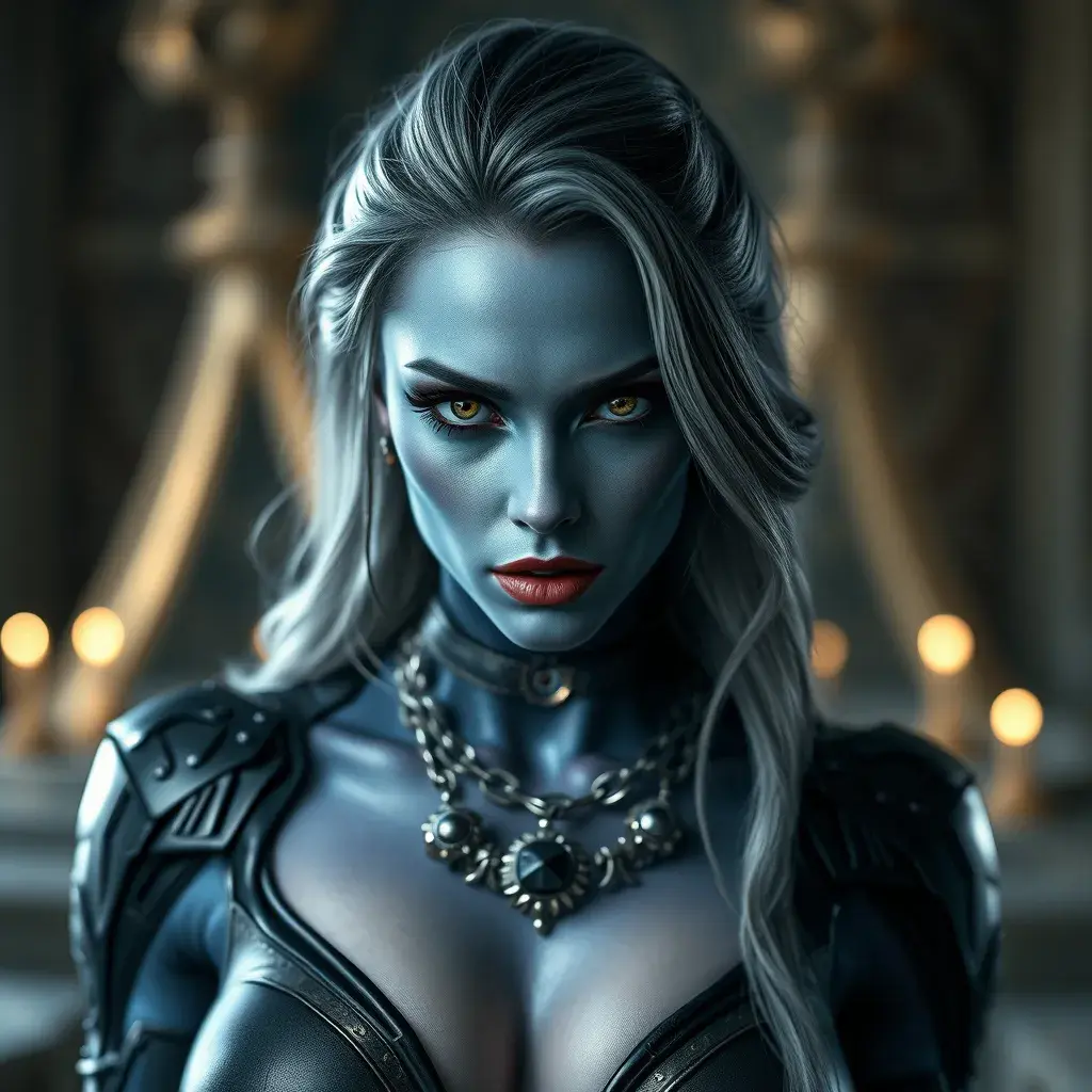 Alluring matte portrait of a beautiful Mystique from Xmen in the style of Stefan Kostic, 8k, Highly Detailed, Intricate, Half Body, Realistic, Sharp Focus, Volumetric Lighting, Fantasy, Elegant by Stanley Artgerm Lau