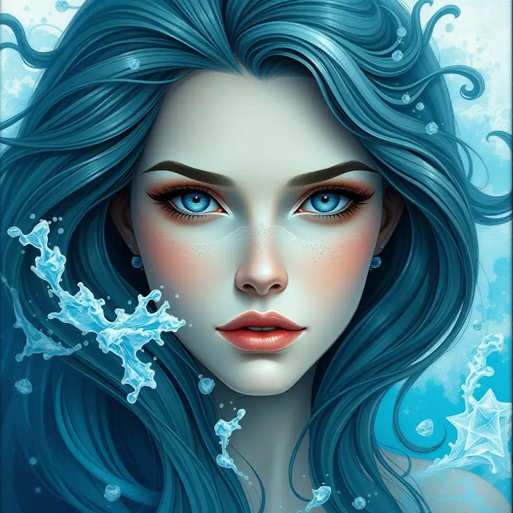 "magical ocean goddess", water, spray, waves, flowing hair, head and shoulders portrait, finely drawn eyes, 8k, Fantasy