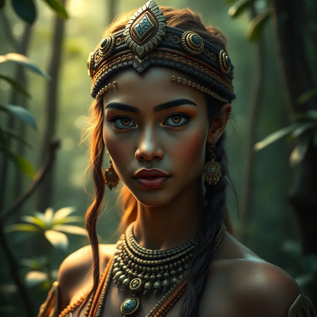 Matte portrait of a beautiful tribal queen in a magical forest, 4k, Highly Detailed, Masterpiece, Pretty Face, Digital Illustration, Cinematic Lighting, Realistic, Sharp Focus, Centered, Beautifully Lit, Bioluminescent by Stanley Artgerm Lau