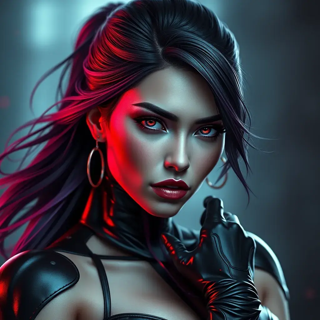 Alluring matte portrait of a beautiful Psylocke from Xmen in the style of Stefan Kostic, 8k, Highly Detailed, Intricate, Half Body, Realistic, Sharp Focus, Volumetric Lighting, Fantasy, Elegant by Stanley Artgerm Lau, Greg Rutkowski