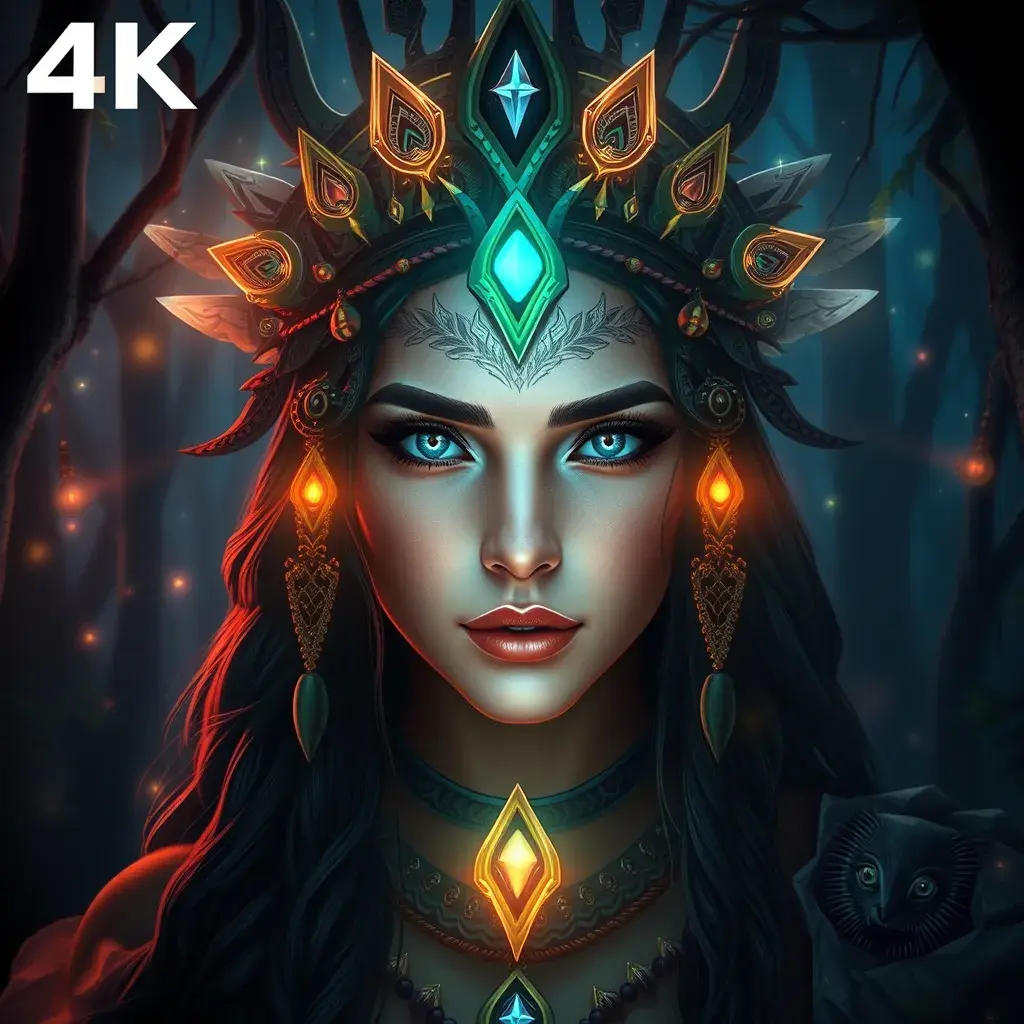 A beautiful tribal queen in a magical forest, 4k, Highly Detailed, Masterpiece, Pretty Face, Digital Illustration, Cinematic Lighting, Realistic, Sharp Focus, Centered, Beautifully Lit, Bioluminescent by Stanley Artgerm Lau, Alphonse Mucha, Greg Rutkowski, Stefan Kostic