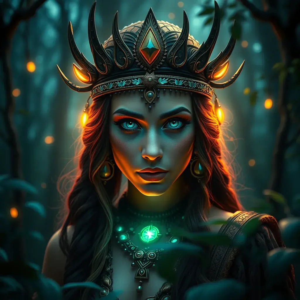 A beautiful tribal queen in a magical forest, Highly Detailed, Masterpiece, Pretty Face, Digital Illustration, Cinematic Lighting, Realistic, Sharp Focus, Centered, Beautifully Lit, Bioluminescent by Stefan Kostic