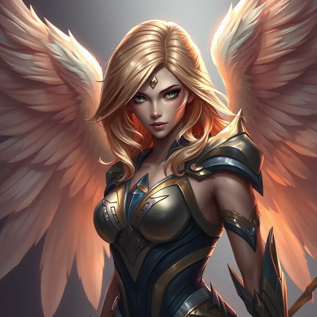 Alluring portrait of a beautiful winged Kayle from League of Legends, Highly Detailed, Half Body, Sharp Focus, Fantasy