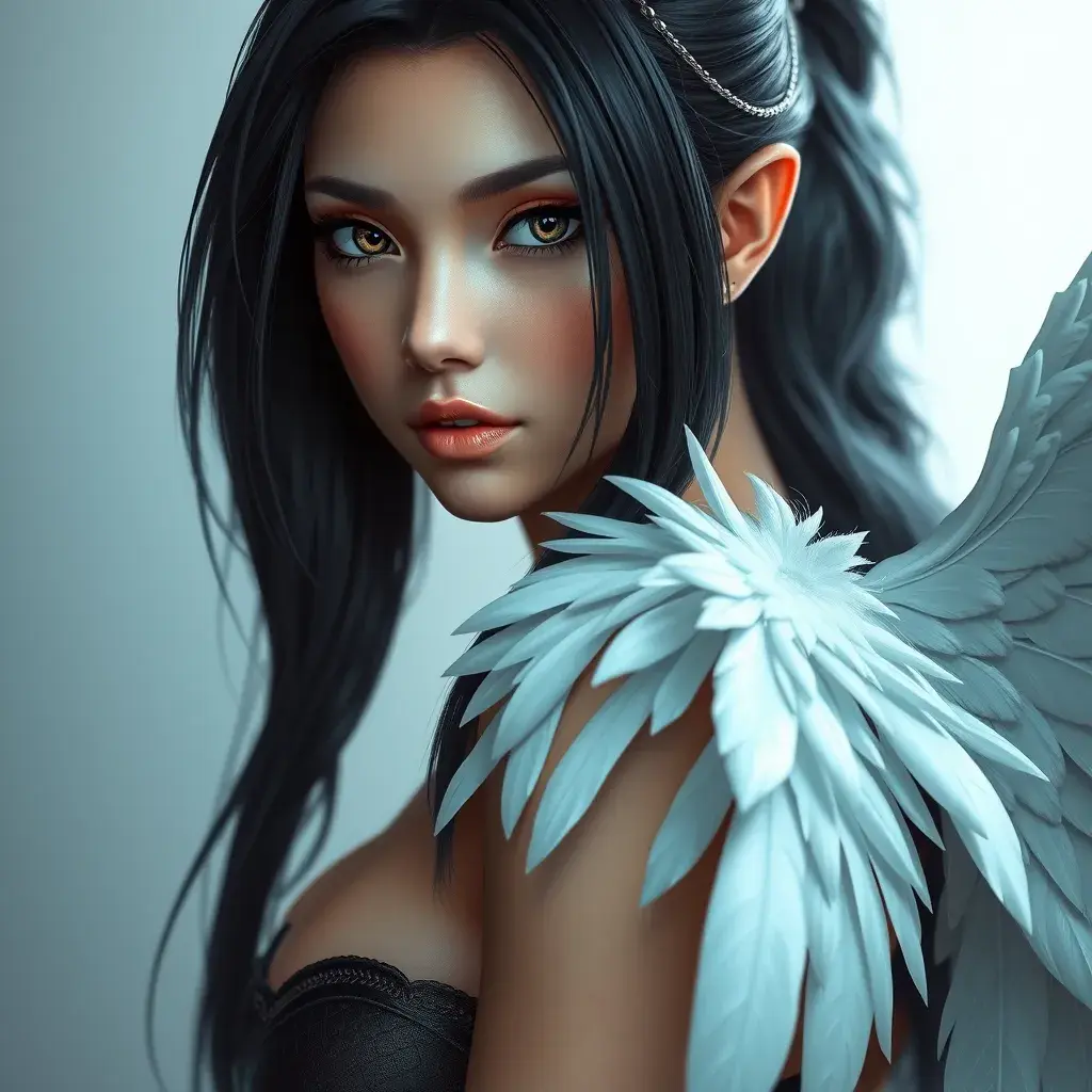 Matte portrait of the beautiful Tifa Lockhart with feathers, Highly Detailed, Intricate, Realistic, Sharp Focus, Volumetric Lighting, Fantasy, Elegant