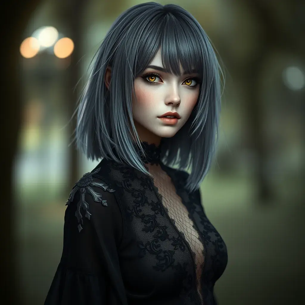 Alluring matte portrait of a beautiful ashen haired 2B from Nier Automata in the style of Stefan Kostic in a black dress, Highly Detailed, Full Body, Bokeh effect, Photo Realistic, Sharp Focus by WLOP