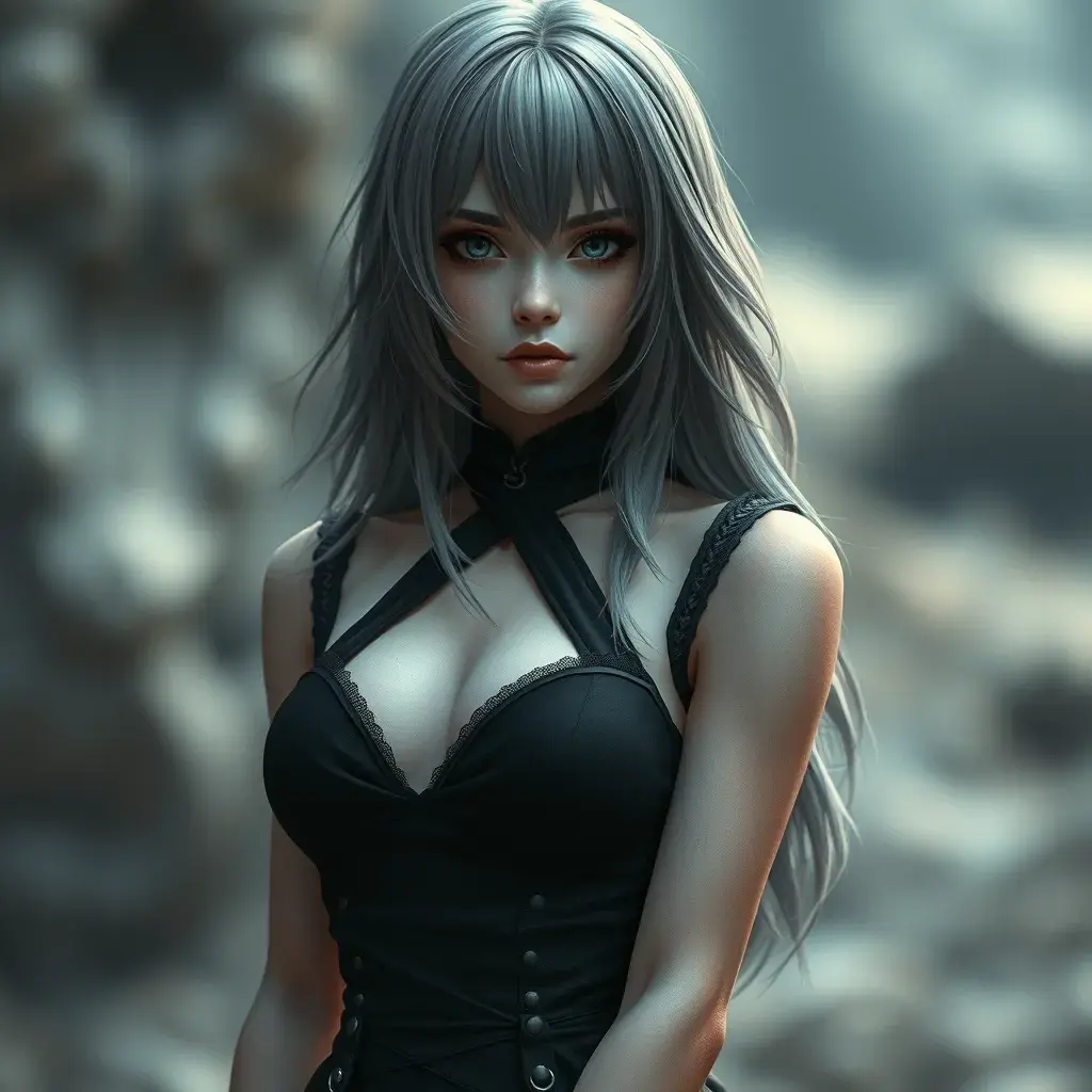 Alluring portrait of a beautiful ashen haired A2 from Nier Automata in the style of Stefan Kostic in a black dress, Highly Detailed, Full Body, Bokeh effect, Photo Realistic, Sharp Focus