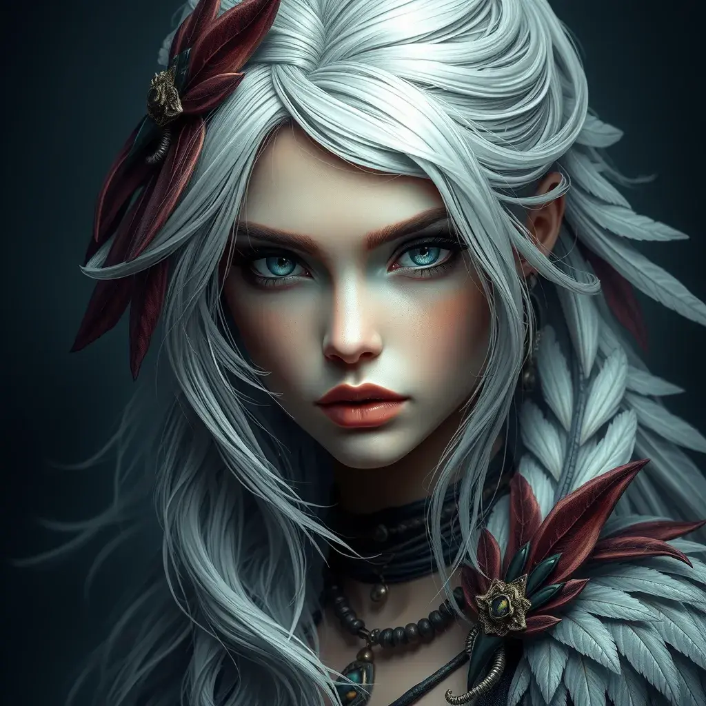 Matte portrait of the beautiful Ciri with feathers, Highly Detailed, Intricate, Realistic, Sharp Focus, Volumetric Lighting, Fantasy, Elegant