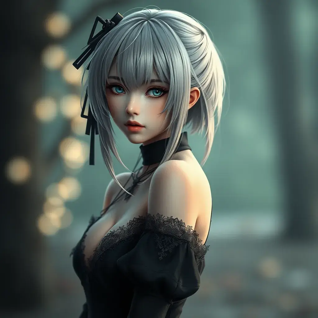 Alluring matte portrait of a beautiful ashen haired 2B from Nier Automata in a black dress, Highly Detailed, Full Body, Bokeh effect, Photo Realistic, Sharp Focus by WLOP