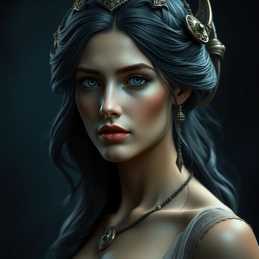 Matte portrait of the beautiful Artemis in dark blue, 8k, Highly Detailed, Intricate, Realistic, Sharp Focus, Volumetric Lighting, Fantasy, Elegant by Stanley Artgerm Lau, WLOP, Stefan Kostic