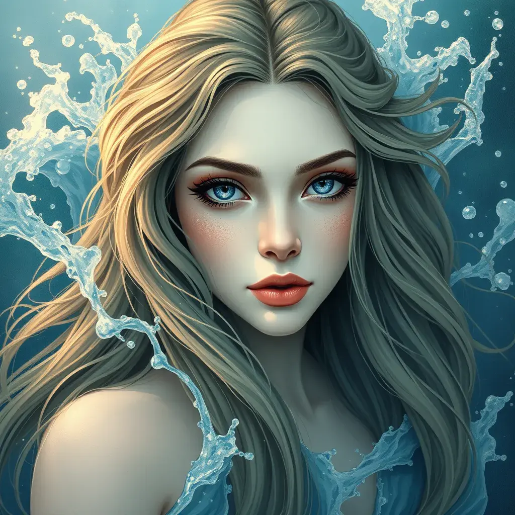 "magical ocean goddess", water, spray, waves, flowing hair, head and shoulders portrait, finely drawn eyes, 8k, Fantasy