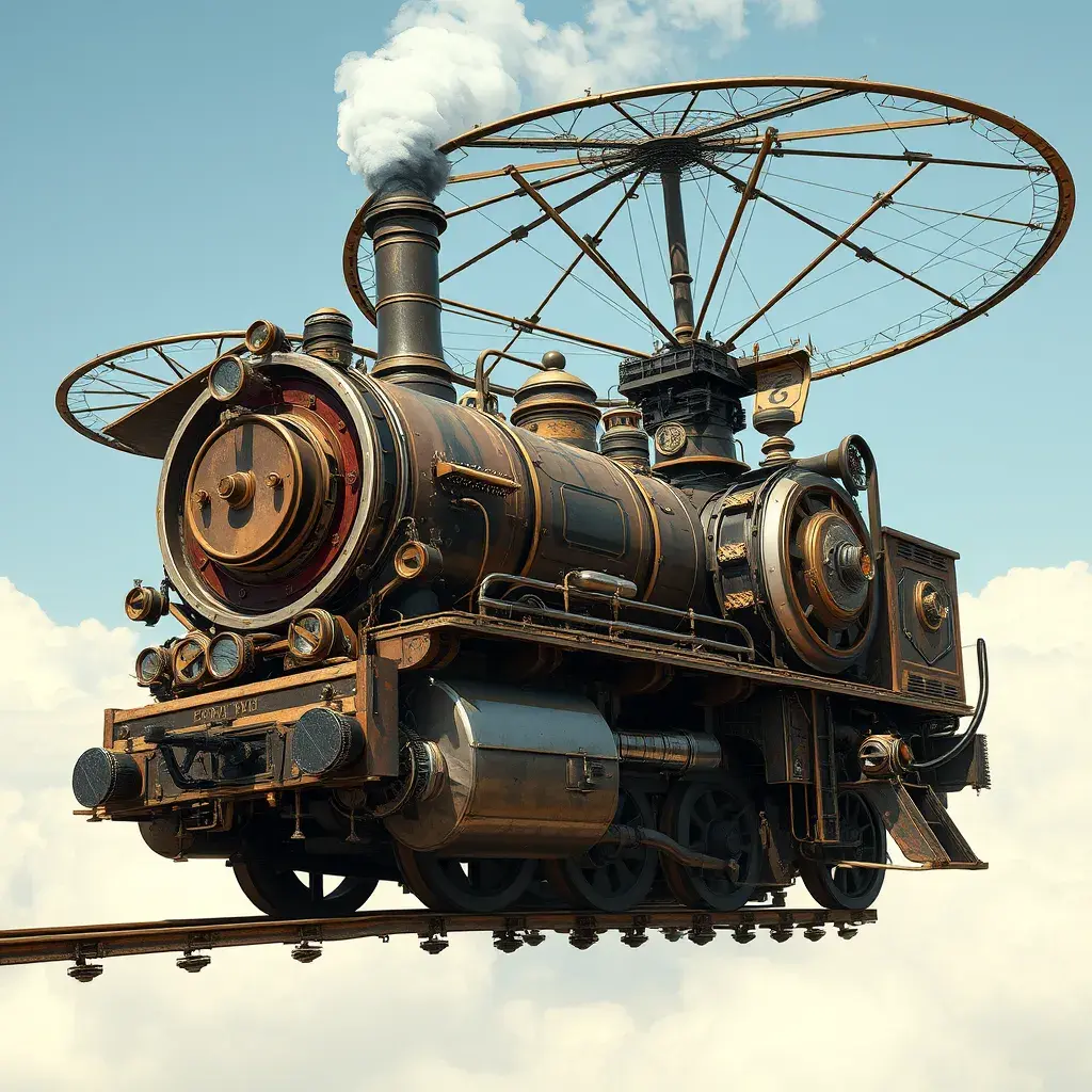 A futuristic hybrid of a steam engine train and a DaVinci flying machine, Steampunk