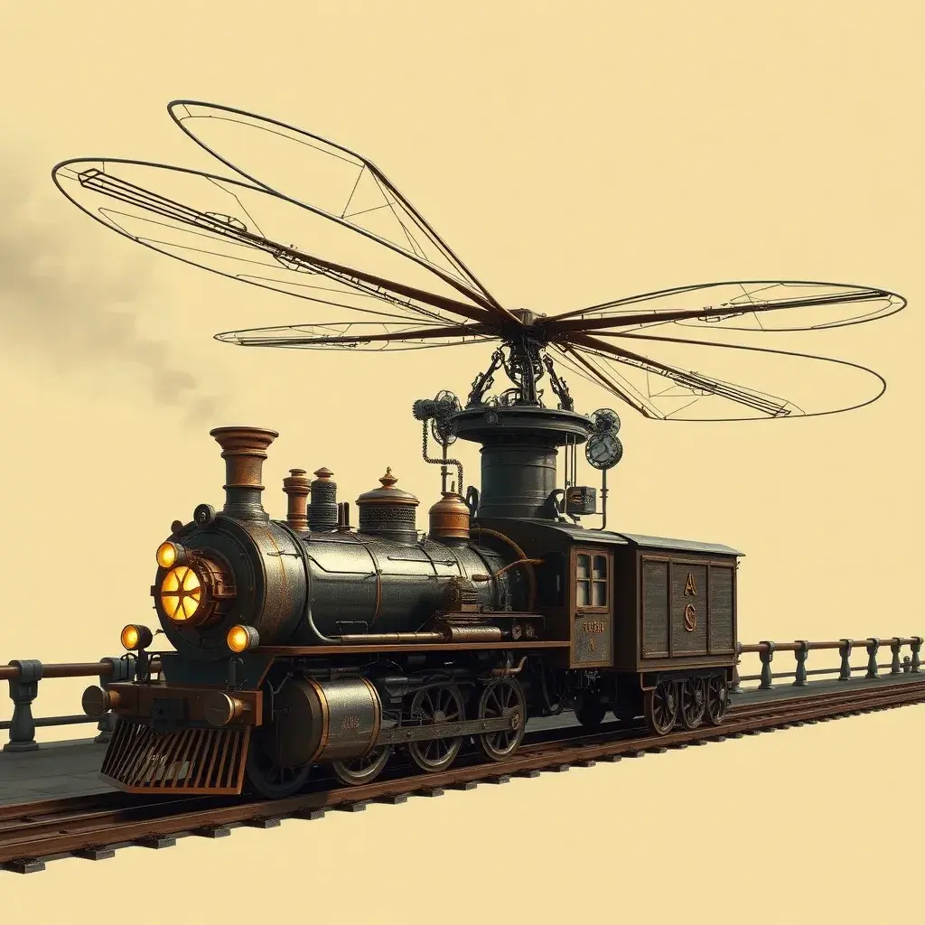 A futuristic hybrid of a steam engine train and a DaVinci flying machine, Steampunk