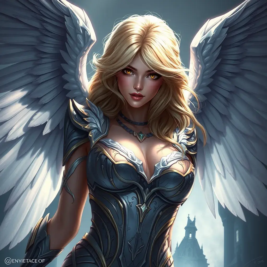 Alluring portrait of a beautiful winged Kayle from League of Legends, Highly Detailed, Half Body, Sharp Focus, Fantasy by Stanley Artgerm Lau, Alphonse Mucha, WLOP