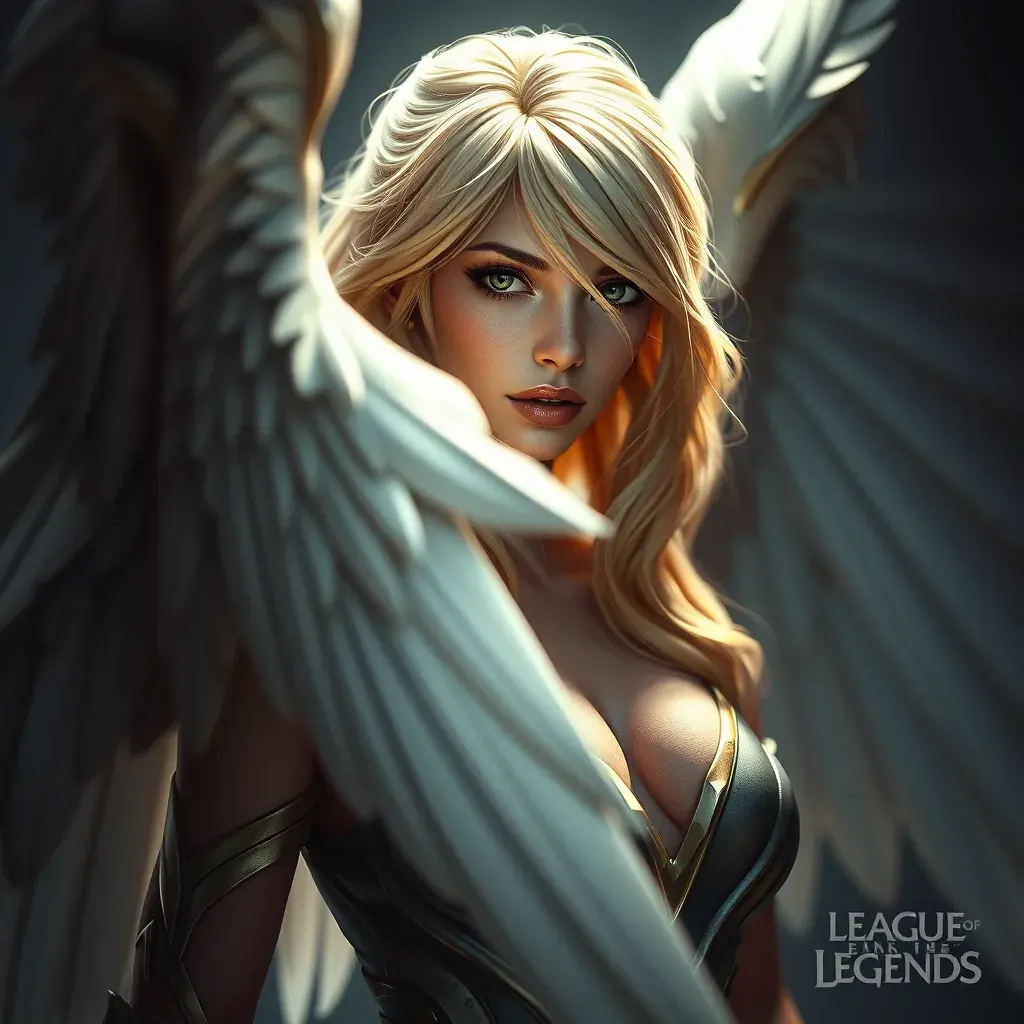 Alluring portrait of a beautiful winged Kayle from League of Legends, 8k, Highly Detailed, Half Body, Photo Realistic, Sharp Focus, Octane Render, Unreal Engine, Volumetric Lighting, Fantasy by Stanley Artgerm Lau, Alphonse Mucha, WLOP