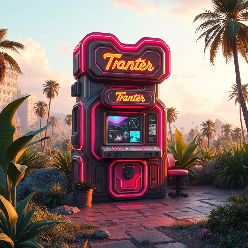 80s futuristic outdoor retro arcade, desolate, lush vegetation, Highly Detailed, Intricate, Artstation, Sharp Focus, Smooth, Octane Render, Centered, Dynamic, Elegant by Beeple, Justin Gerard, James Gilleard, Simon Stalenhag