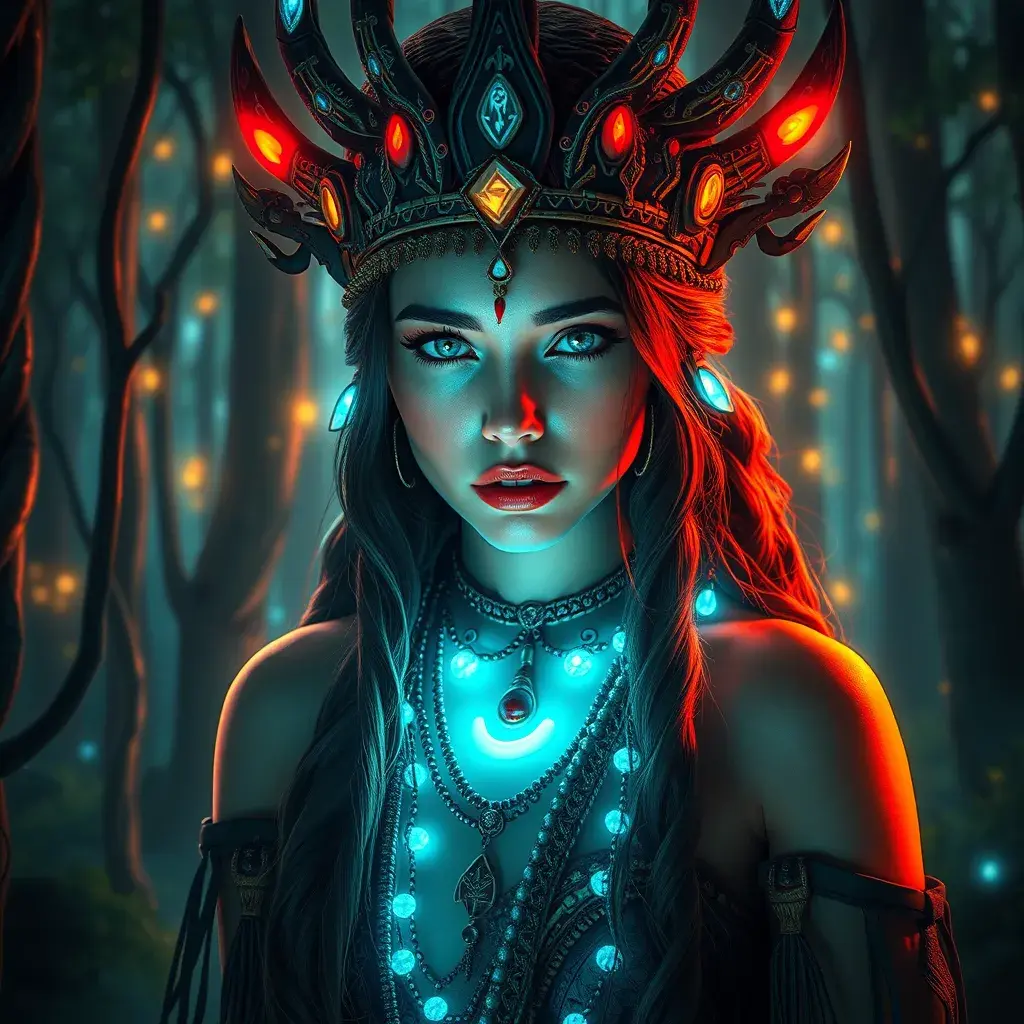 A beautiful tribal queen in a magical forest, Highly Detailed, Masterpiece, Pretty Face, Digital Illustration, Cinematic Lighting, Realistic, Sharp Focus, Centered, Beautifully Lit, Bioluminescent by Stefan Kostic