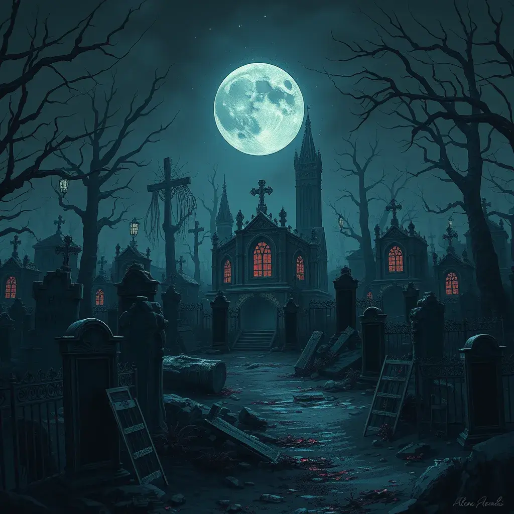 Hyper Detailed illustration of an eerie dystopian graveyard at night, 8k, Gothic and Fantasy, Horror, Epic, Sharp Focus, Deviantart by Alena Aenami, Studio Ghibli