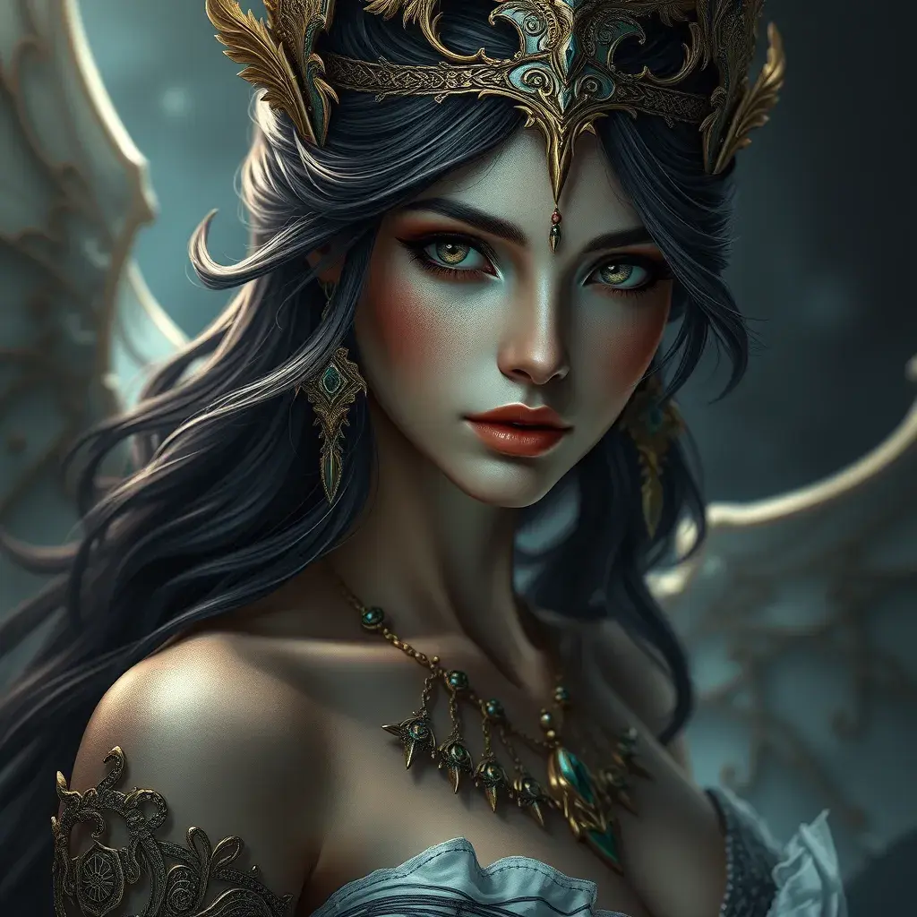 Alluring matte portrait of the beautiful goddess Ker in the style of Stefan Kostic, Highly Detailed, Intricate, Realistic, Sharp Focus, Volumetric Lighting, Fantasy, Elegant