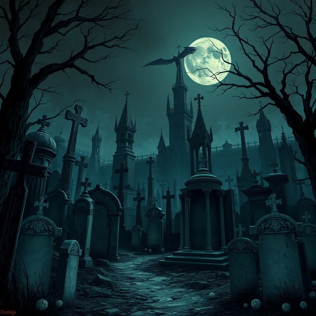 Hyper Detailed illustration of an eerie dystopian graveyard at night, Gothic and Fantasy, Horror, Epic, Sharp Focus, Deviantart