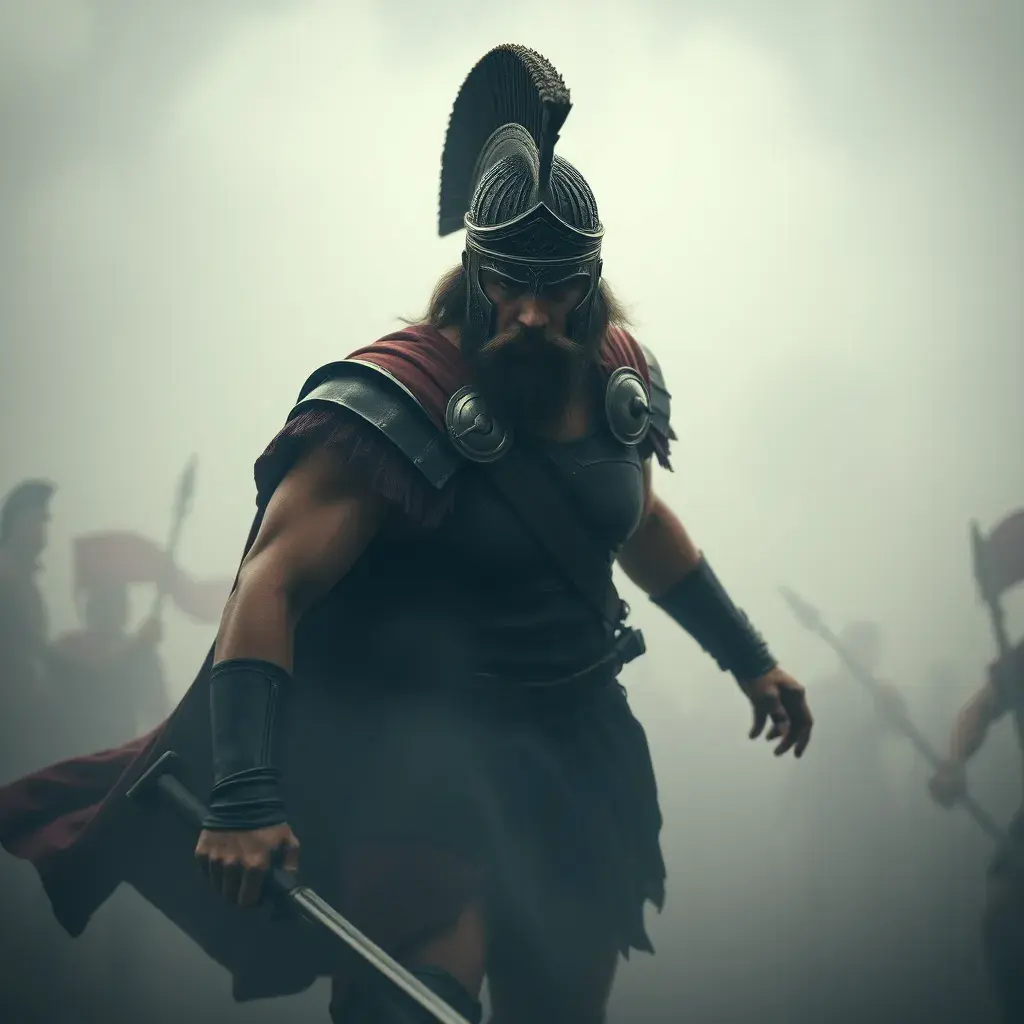 Matte portrait of a strong Achilles emerging from the fog of war, Gothic and Fantasy, Sharp Focus, Volumetric Lighting