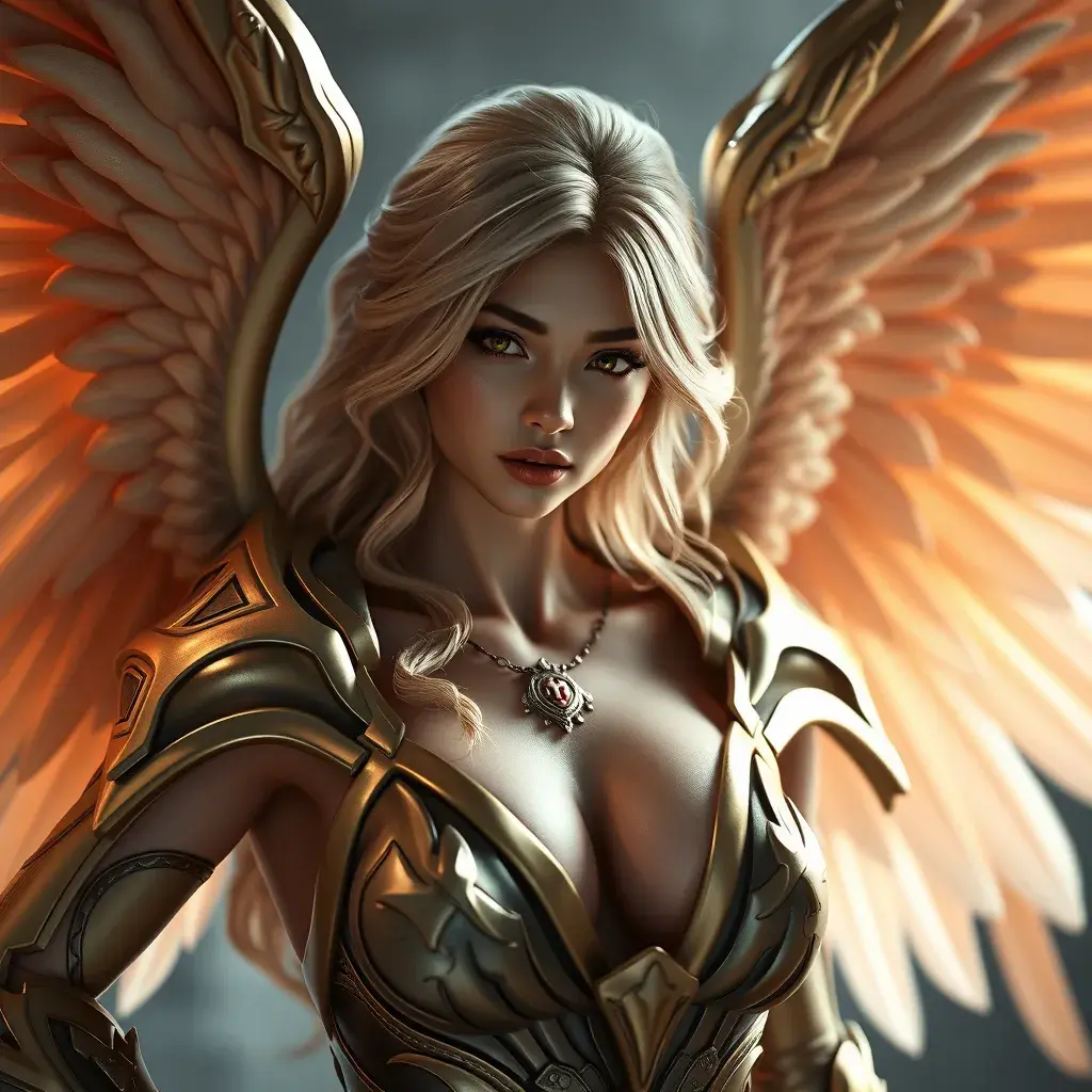 Alluring portrait of a beautiful winged Kayle from League of Legends, 8k, Highly Detailed, Half Body, Photo Realistic, Sharp Focus, Octane Render, Unreal Engine, Volumetric Lighting, Fantasy by Stanley Artgerm Lau, Alphonse Mucha, WLOP