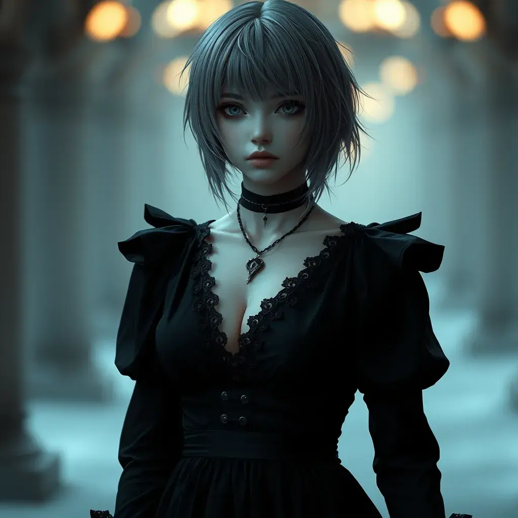 Alluring matte portrait of a beautiful ashen haired 2B from Nier Automata in a black dress, Highly Detailed, Full Body, Bokeh effect, Photo Realistic, Sharp Focus by Stefan Kostic