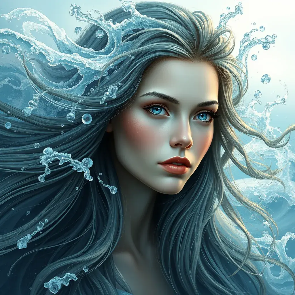 "magical ocean goddess", water, spray, waves, flowing hair, head and shoulders portrait, finely drawn eyes, 8k, Photo Realistic, Fantasy by Stefan Kostic