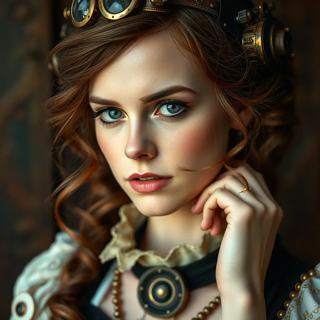 Steampunk portrait of Emma Watson, Highly Detailed, Beautiful, Photo Realistic, Sharp Focus, Elegant