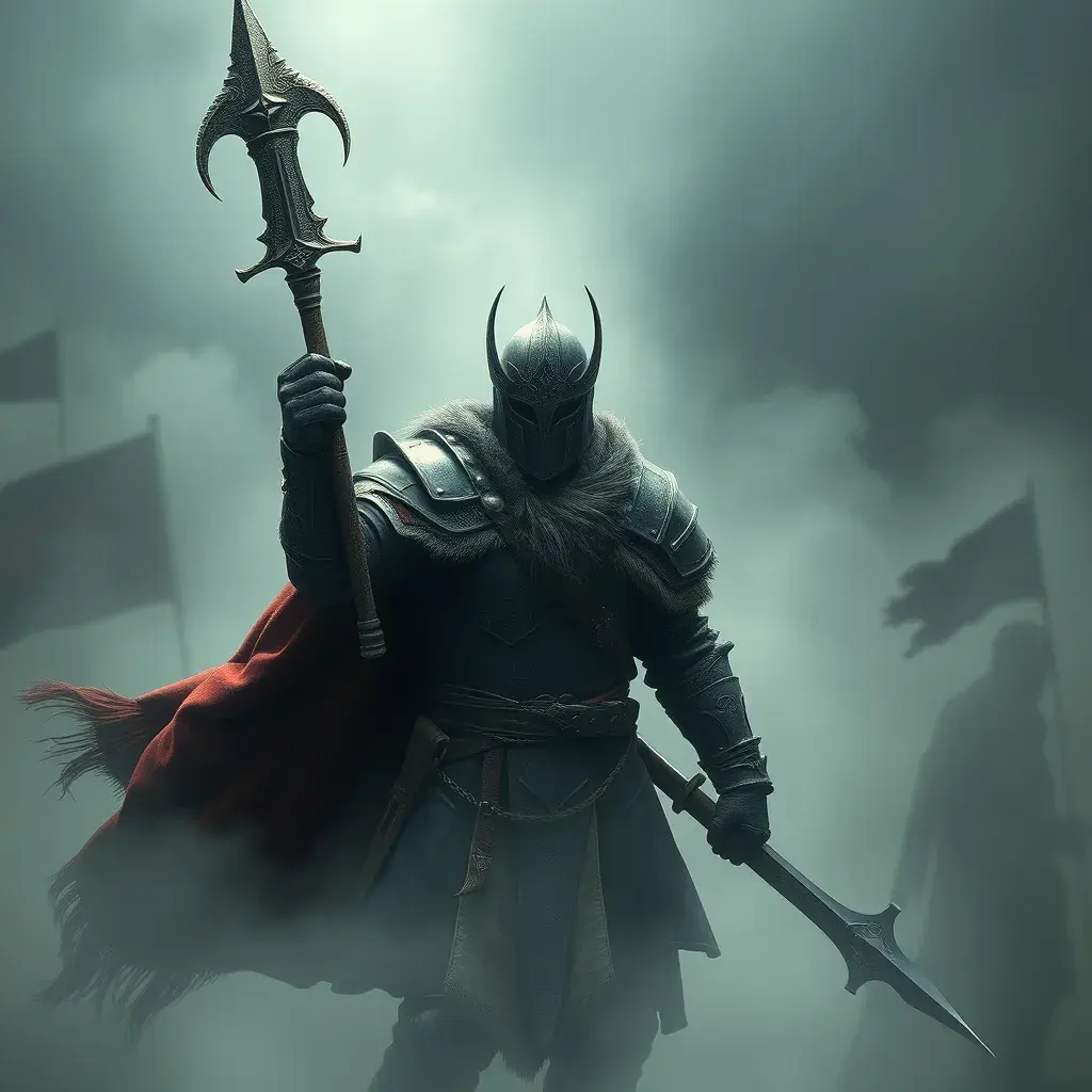 A strong medieval warrior emerging from the fog of war, Highly Detailed, Gothic and Fantasy, Sharp Focus, Volumetric Lighting, Fantasy, Elegant