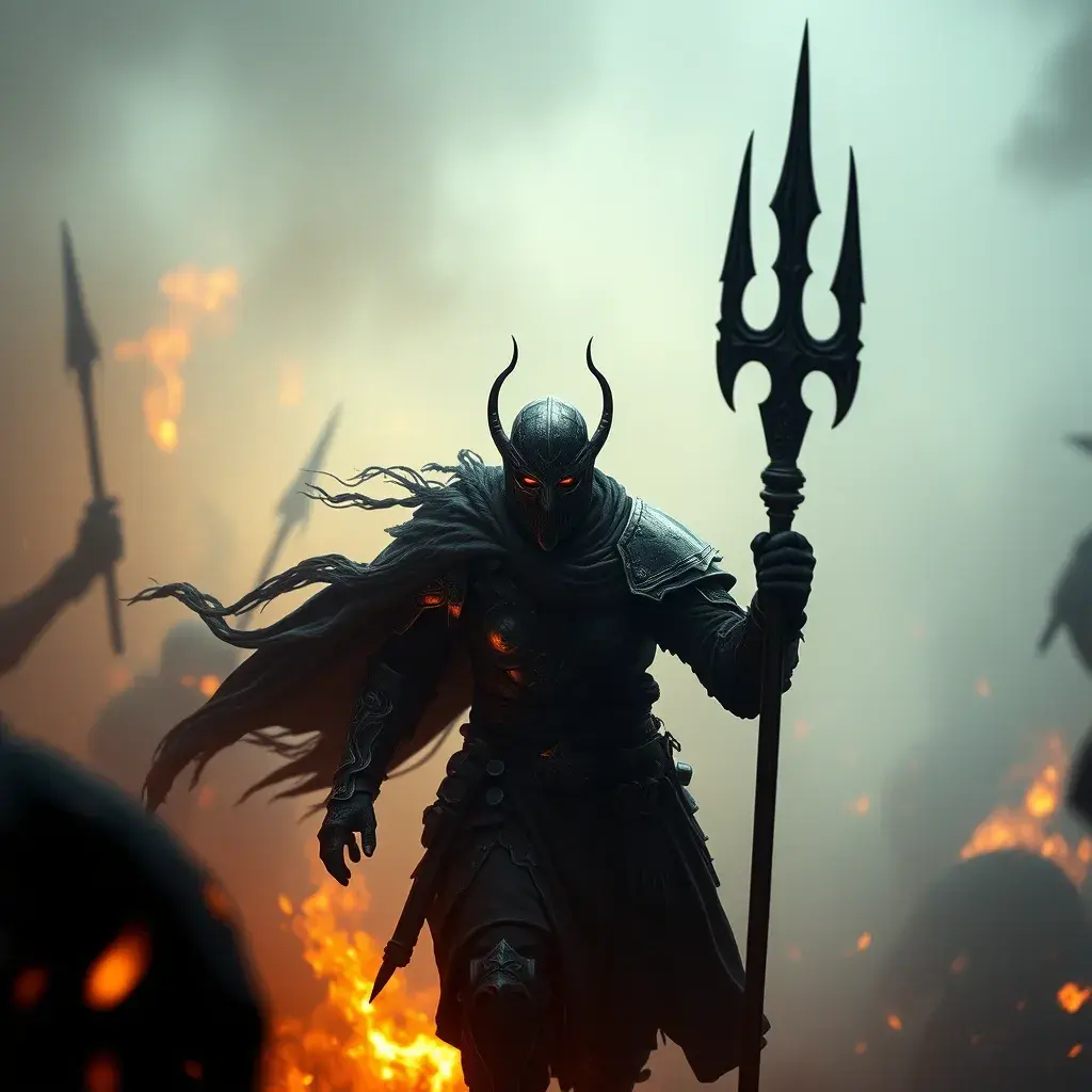 Strong warrior emerging from a firey fog of war, Gothic and Fantasy, Sharp Focus, Volumetric Lighting by Stefan Kostic