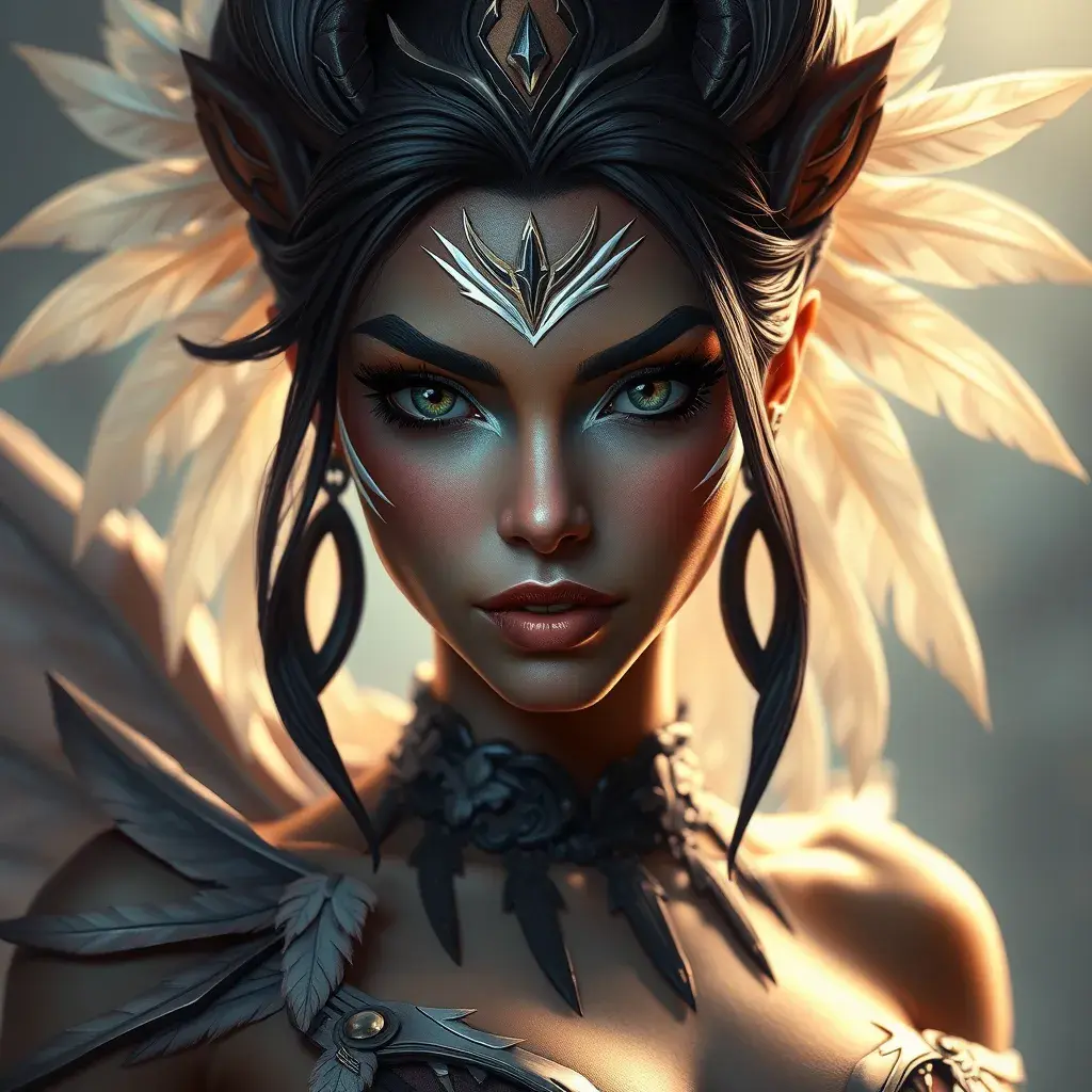 Matte portrait of the beautiful Nidalee from league of legends with feathers, Highly Detailed, Intricate, Realistic, Sharp Focus, Volumetric Lighting, Fantasy, Elegant