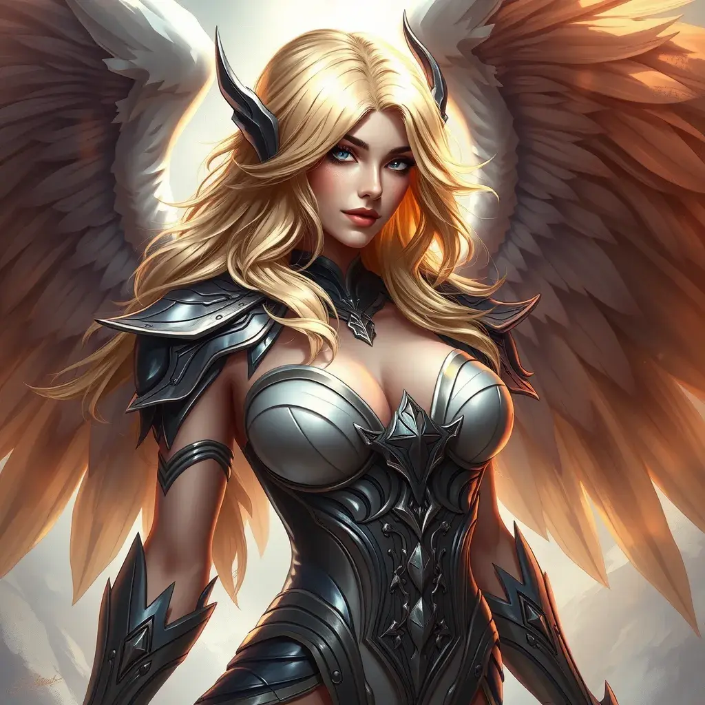 Alluring portrait of a beautiful winged Kayle from League of Legends, Highly Detailed, Half Body, Sharp Focus, Fantasy by Stanley Artgerm Lau, Alphonse Mucha, WLOP