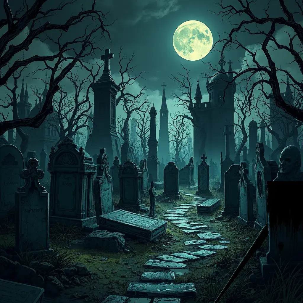 Hyper Detailed illustration of an eerie dystopian graveyard at night, Gothic and Fantasy, Horror, Epic, Sharp Focus, Deviantart