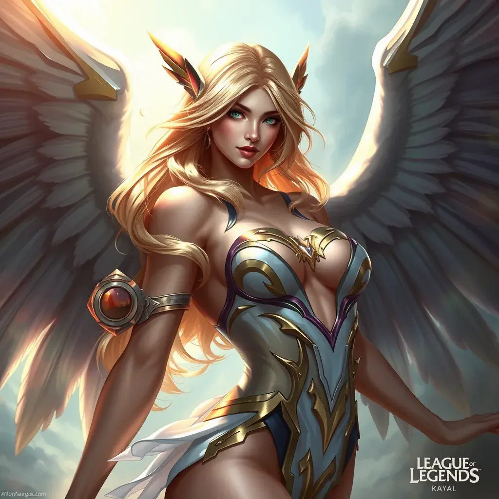 Alluring portrait of a beautiful winged Kayle from League of Legends, Highly Detailed, Half Body, Sharp Focus, Fantasy by Stanley Artgerm Lau, Alphonse Mucha, WLOP