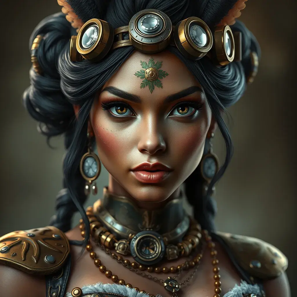 Steampunk portrait of Nidalee, Highly Detailed, Beautiful, Photo Realistic, Sharp Focus, Elegant