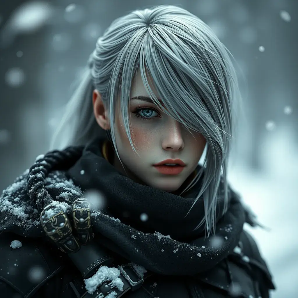 Alluring matte portrait of a beautiful ashen haired A2 from Nier Automata in the style of Stefan Kostic in black, Highly Detailed, Full Body, Snow, Bokeh effect, Photo Realistic, Sharp Focus by Stanley Artgerm Lau