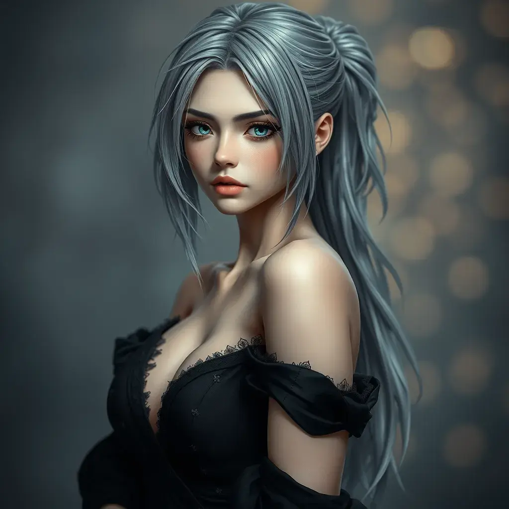 Alluring portrait of a beautiful ashen haired A2 from Nier Automata in the style of Stefan Kostic in a black dress, Highly Detailed, Full Body, Bokeh effect, Photo Realistic, Sharp Focus by Stanley Artgerm Lau