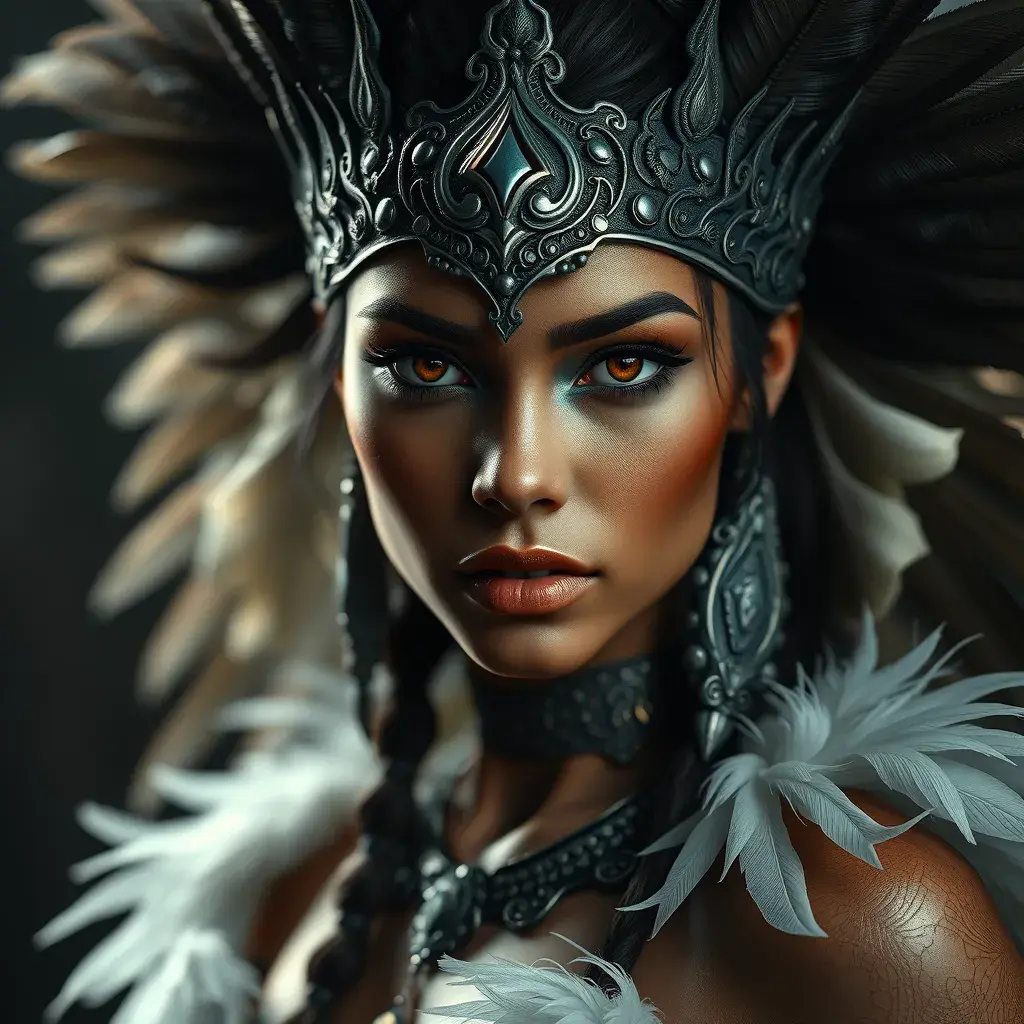 Alluring matte portrait of a beautiful Nidalee wearing feathers, 8k, Highly Detailed, Intricate, Half Body, Realistic, Sharp Focus, Volumetric Lighting, Fantasy, Elegant by Stanley Artgerm Lau, Alphonse Mucha, WLOP