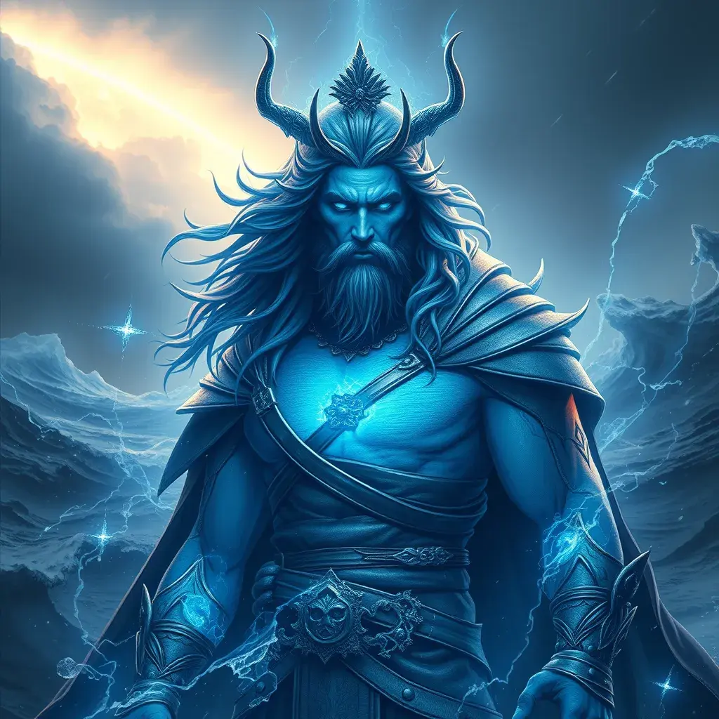 A celestial Blue-skinned God of the Seas, Storms, and Exploring emanating power of the seas, wearing half-leather, shrouded in storms in the style of digital art, 8k, Fantasy